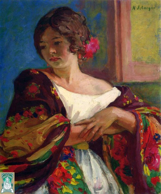 Анри Лебаска (1865-1937гг.) Франция Бордовая шаль с цветами