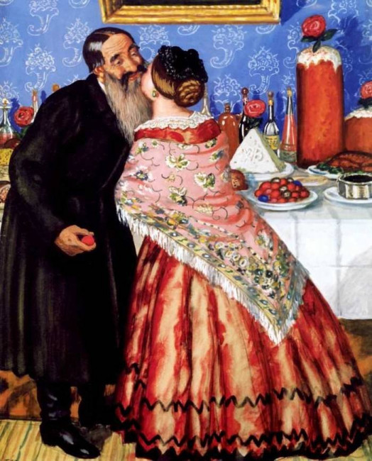 Пасхальный обряд (Христосование). Б. М. Кустодиев. 1916 г.