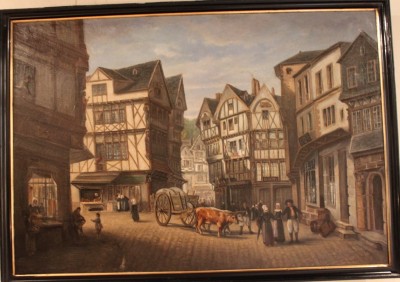 А это картина в этом музее - Edmond Puyo "Morlaix en 1815, Le Pave (rue Carnot)" (перевела как "Морлэ в 1815 г.", и далее название улицы). Дома остались такие же. Изменились только одеяние людей и средства передвижения.